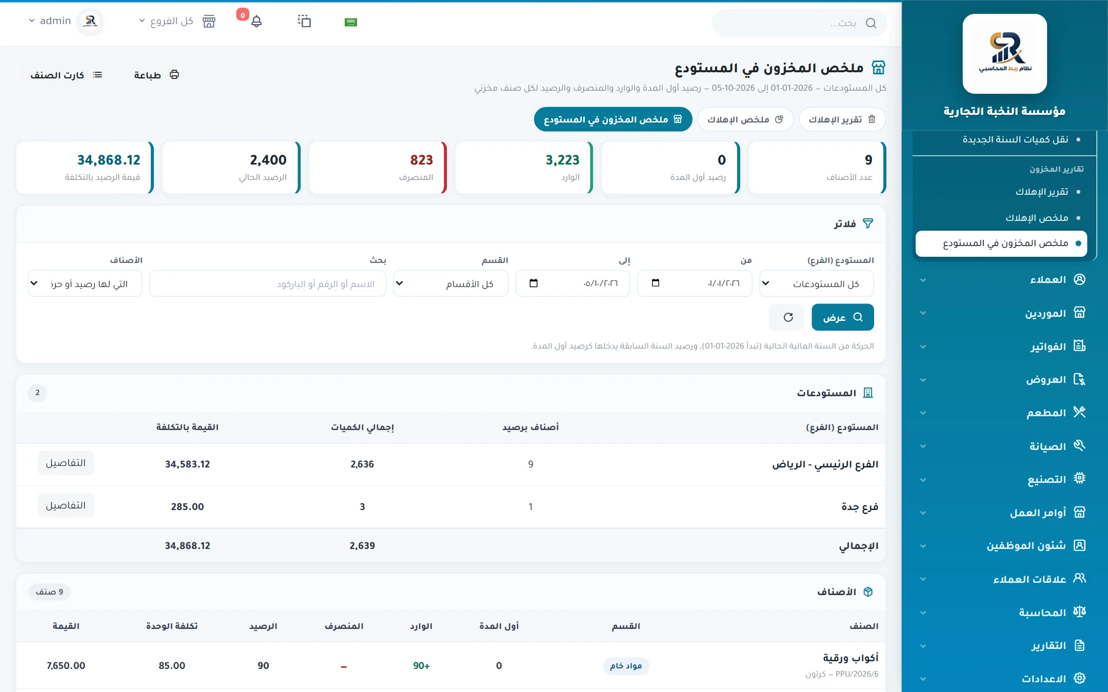 لقطة حقيقية من نظام ربط المحاسبي — المخزون والمستودعات